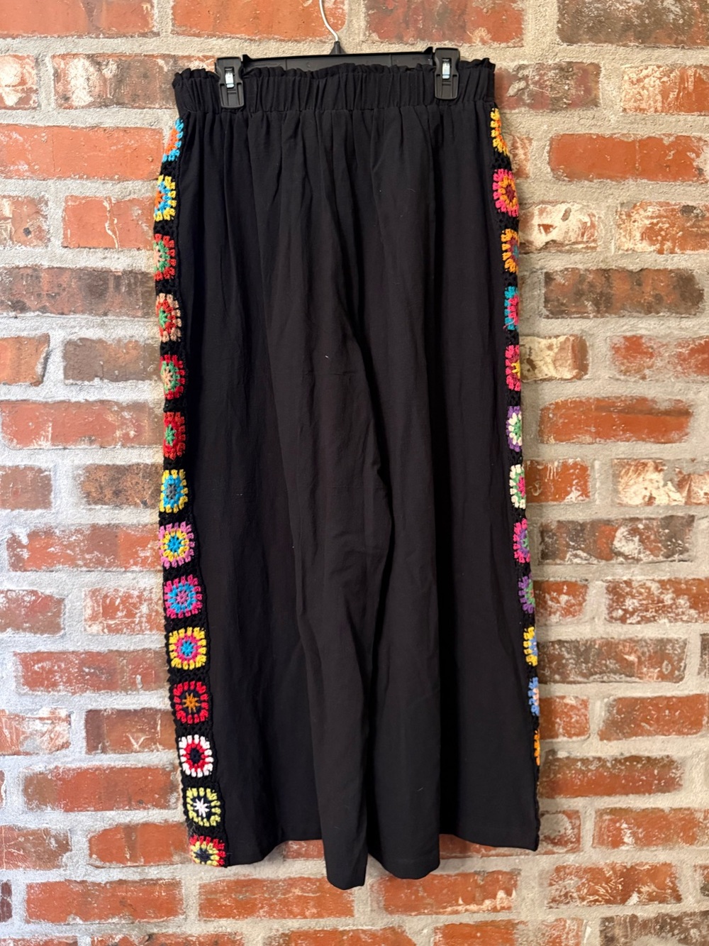 P98 - BloomChic Black Wide Leg Pants with Multicolor Crochet Trim